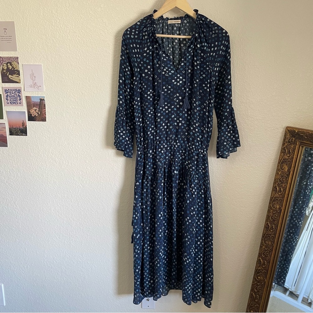 Ulla Johnson 100% Silk Long Sleeve Maxi Dress Blue Boho Flowy Loose Fit Size 0